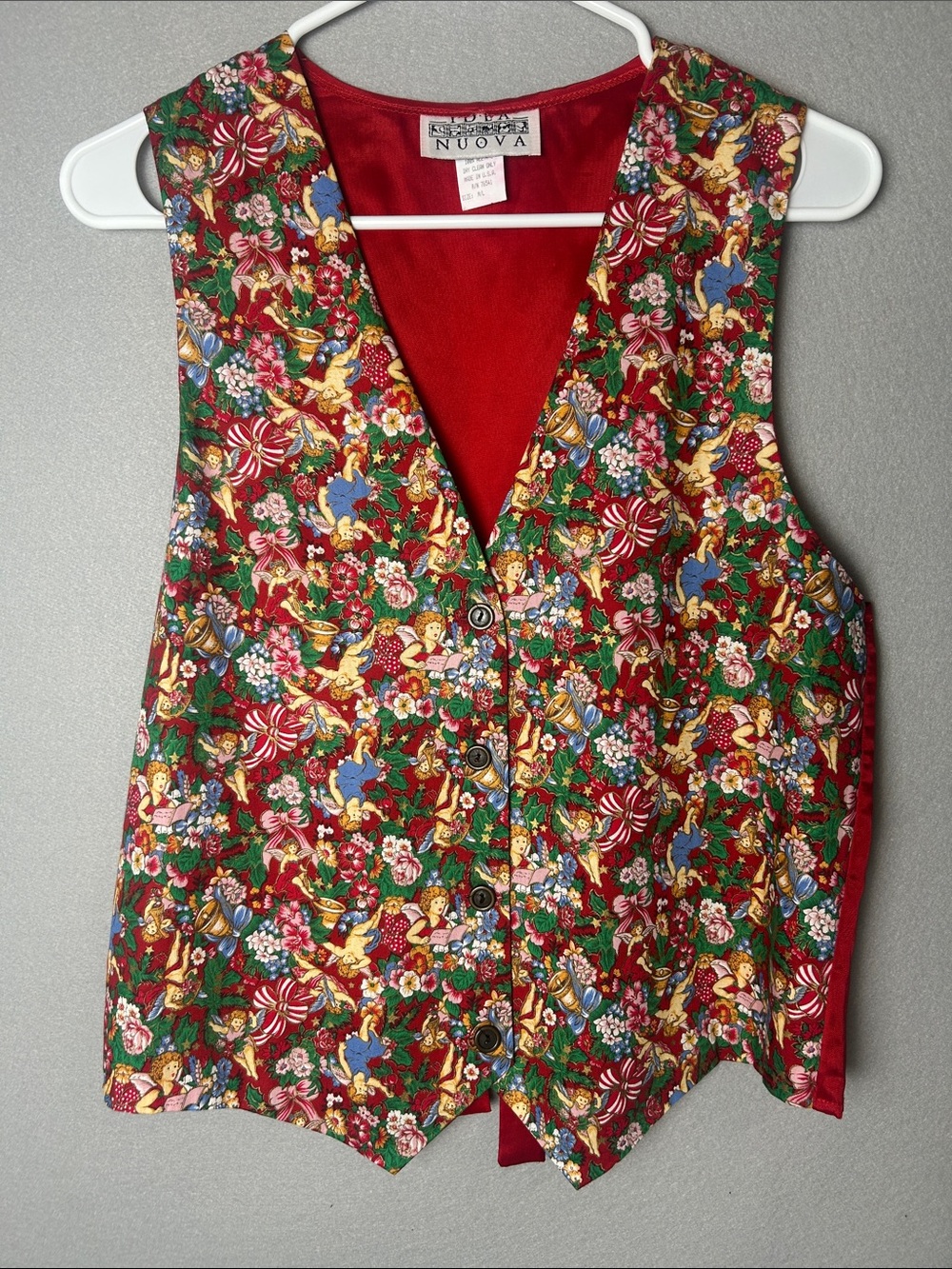 VTG Women’s Red Holiday Print Vest Angels Christmas Button up Sz M/L